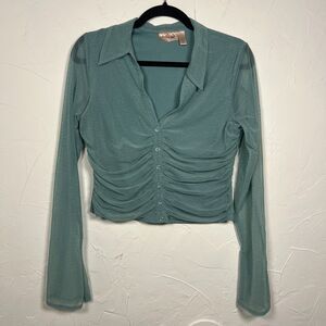 willow+root Teal Sheer Ruched Button Front Mesh Fairy Grunge Top Size L